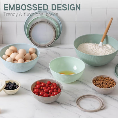 COOK WITH COLOR Mixing Bowls with TPR Lids - 12 Piece Plastic Nesting Bowls Set Includes 6 Prep Bowls and 6 Lids, Microwave Safe Mixing Bowl Set (Mint)