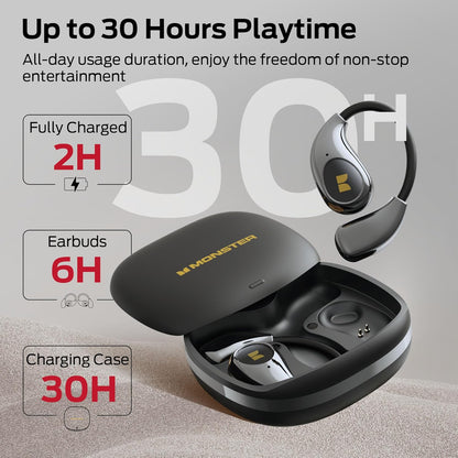 Monster Open Ear AC510 Earbuds, Bluetooth6.0 Wireless Earbuds, Stereo Sound Ear Buds with AI Intelligent Noise Reduction, Type-C Charging, Touch Control, 30H Playback, IPX6 Waterproof Earphones(Black)