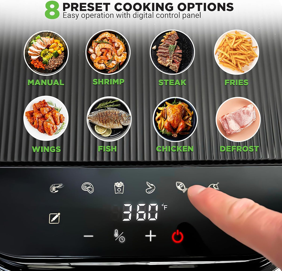 Nutrichef 5.8 Quart Air Fryer | 8-1 Preset Cook Modes | Transparent Fry Bowl for Best Cooking Results | Cook Shrimp, Steak, Fries, Wings, Chicken & More | Precise Temperature Control & Time | Black