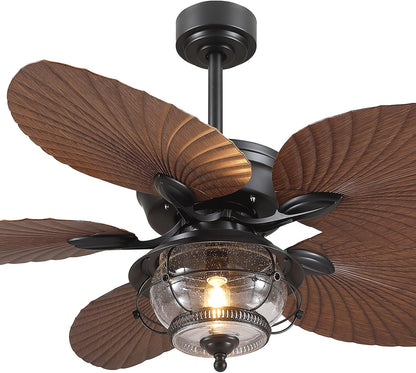 Wiviniya Ceiling Fans with Lights and Remote/APP Control, 44 Inch Tropical Palm Leaf Ceiling Fan with LED Lights, Outdoor Ceiling Fans for Patios Porch, Reversible Quiet Motor, Dimmable, Light Brown