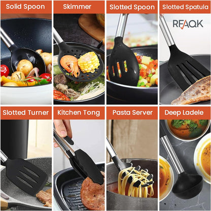 40PCs Silicone Cooking Utensils Set 446℉ Heat Resistance, RFAQK BPA Free Kitchen Utensils Set for Nonstick Cookware, Gadgets Includes Can Opener, Potato Smasher,Peeler,Tongs,Spatula Set,Pizza Cutter