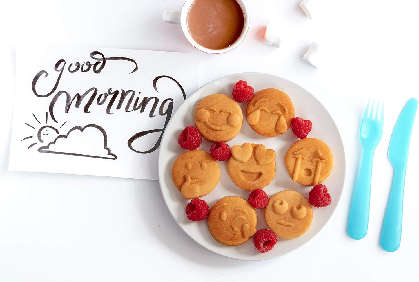 Mini Emojis Waffle Maker - Create 7 Adorable Emoji Waffles or Pancakes with Electric Non Stick Waffler Iron - Featuring a Kiss Face, Heart Eyes, Smile Expressions & More - Fun for Kids