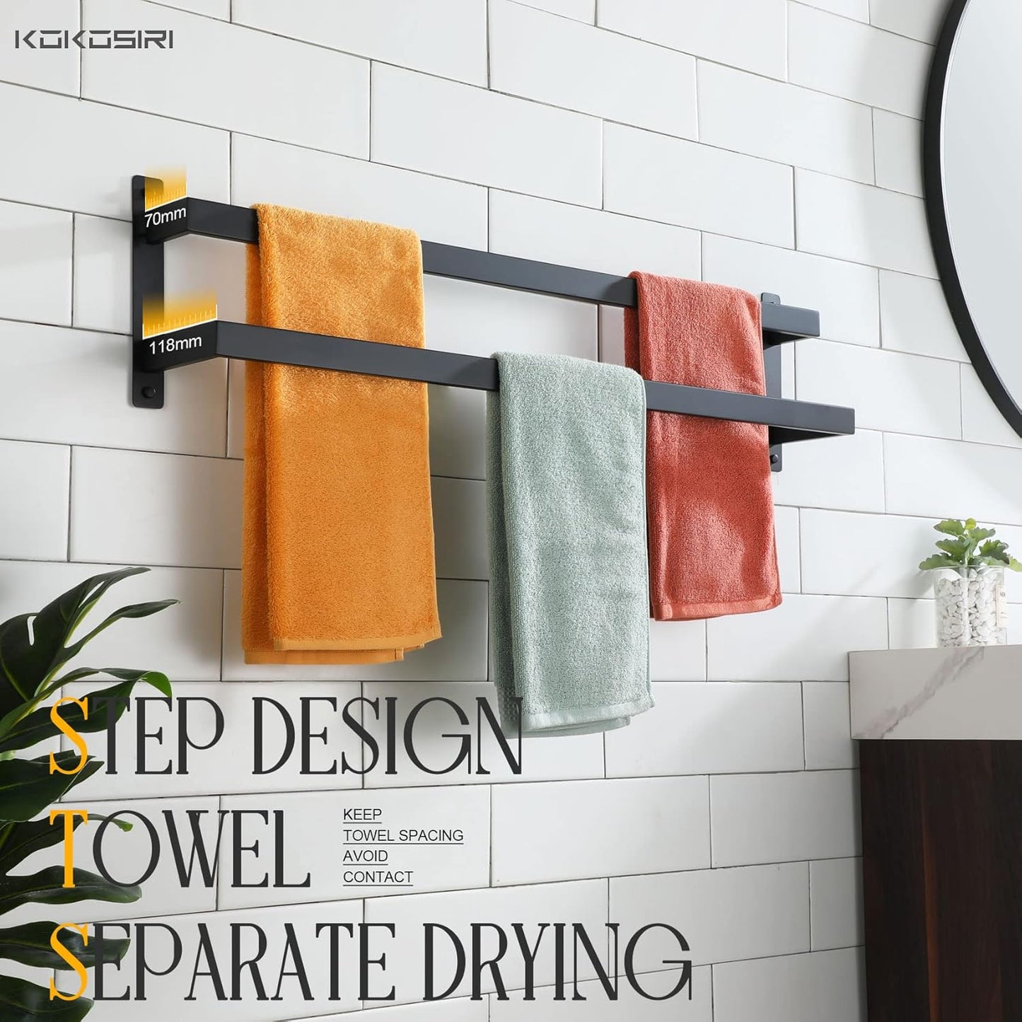 KOKOSIRI Towel Bars Black Bath Towel Holders 20 Inches Bathroom 2-Tiers Ladder Towel Rails Wall Mounted Towels Shelves Rack Stainless Steel, B5008BK-L20
