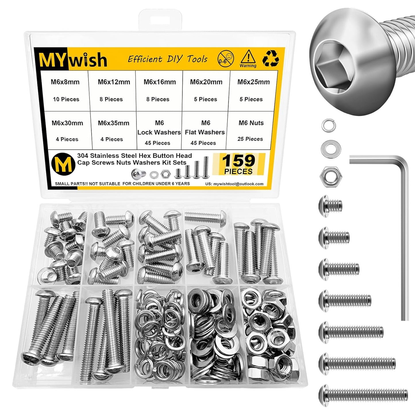 Mywish 900Pcs Metric Screw Assortment, M3 M4 M5 M6 Screw Assortment Kit 304 Stainless Steel Hex Socket Button Head Socket Cap Metric Screws Bolts & Flat Washers/Nuts/Hex Wrenches 16 Sizes 8MM to 20MM