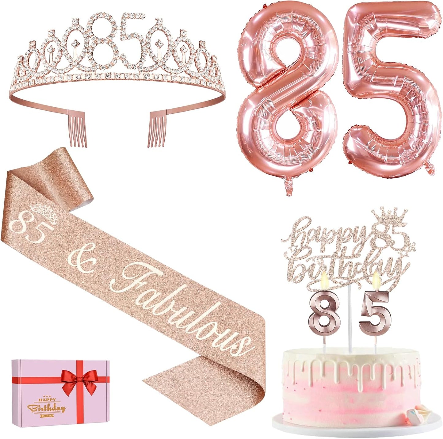 65th Birthday Decorations for Women, Including 65th Birthday Sash and Crown, Cake Topper and Candles, Number Balloons Rose Gold, 65 Year Old Gifts for Women