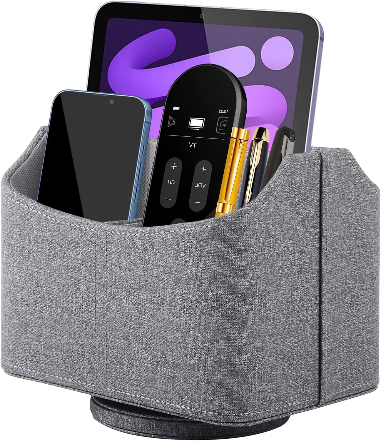 360°Rotatable TV Remote Caddy, PU Leather Multifunctional Remote Control Holder,Office Remote Tray Desk Organizers/Storage Box for Ipad Mini/Pen/Mobile Phone/Media Nightstand Organizer,Grey