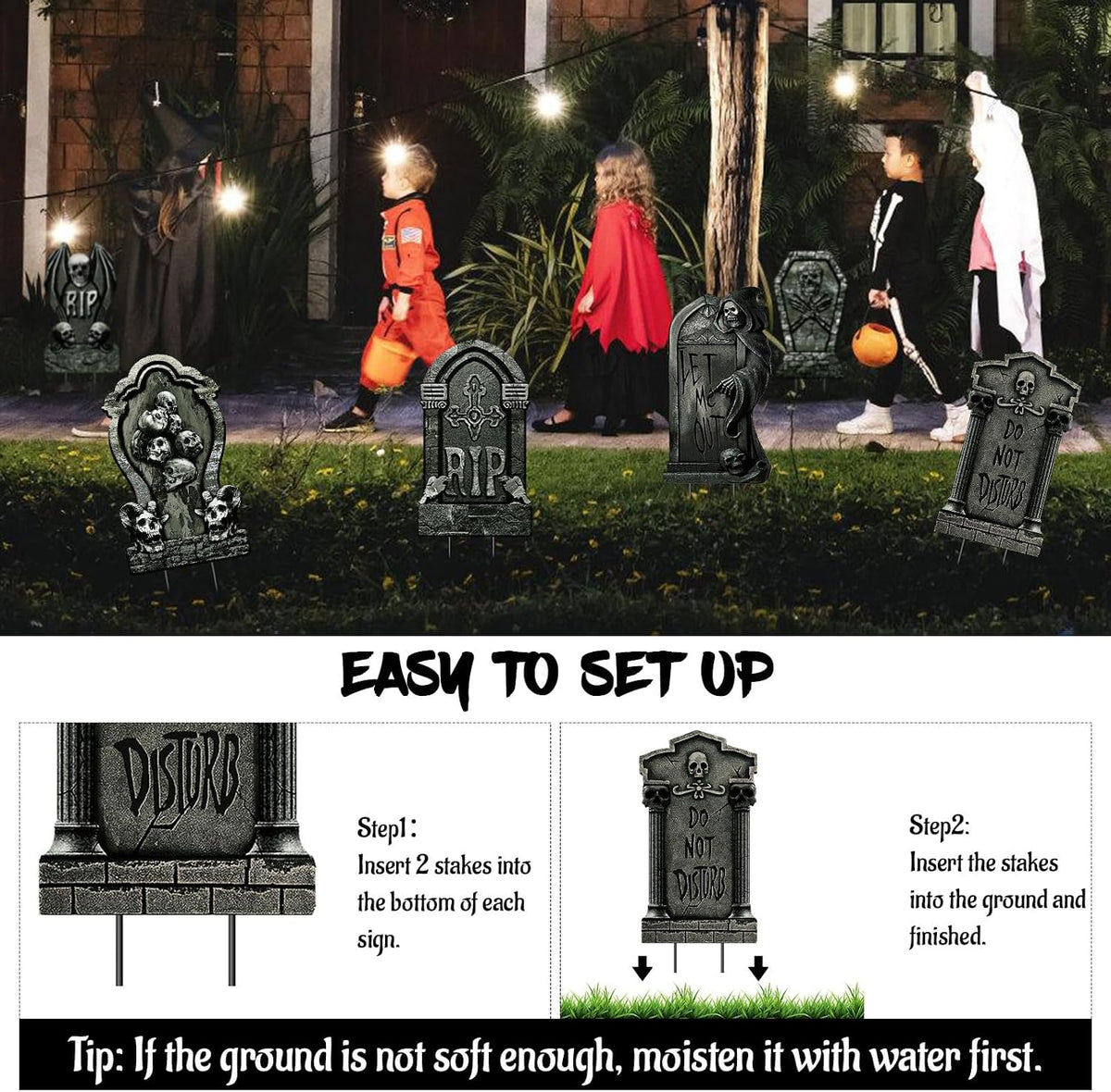 6 PCS 16.9" x9.8" Halloween Yard Signs Tombstones Outdoor Decorations