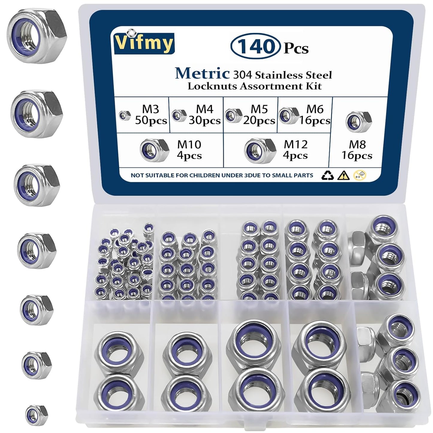 Vifmy 110 Pack 1/4"-20 Inch Lock Nuts,304 (A2-70) Stainless Steel Nylon Insert Locknuts,Standard Inch Thread Nylock Nuts for Bolts