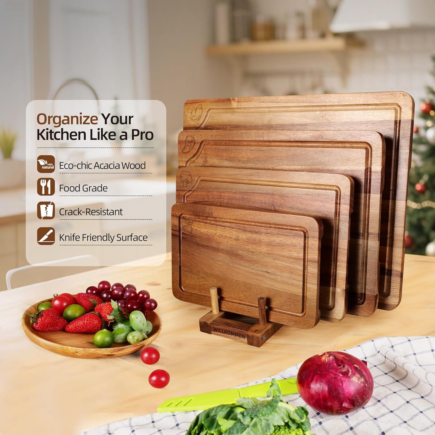 Bamboo Cutting Board Set of 3, Cutting Boards for Kitchen with Juice Groove, Bamboo Chopping Board Set, Serving Board Set for Meat, Fruit Vegetable and Cheese