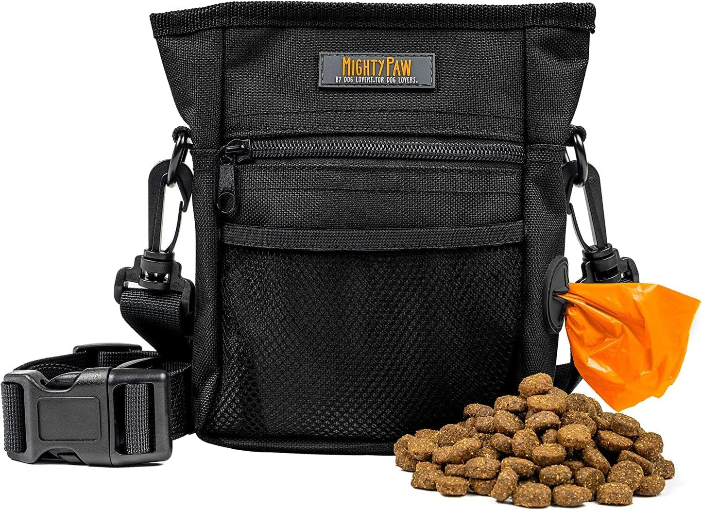 Mighty Paw Dog Treat Pouch 2.0 | Pet Training Hands-Free Snack Bag w/Strap. Holds 2 Cups Kibble, Phone & Keys. Magnetic Clasp & Waist Belt Clip. Includes 1 Roll of Poop Bags (Green/Grey)
