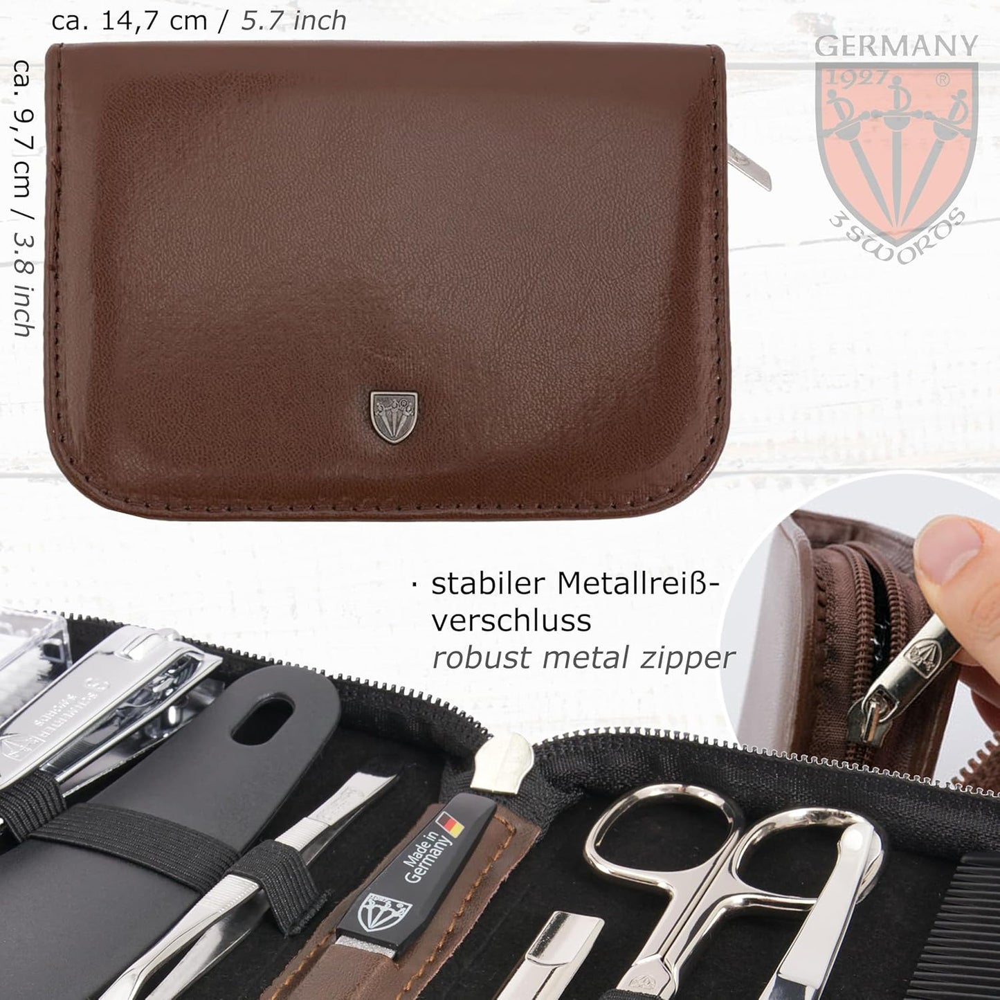 3 Swords Germany - brand quality 10 piece manicure pedicure grooming kit set for professional finger & toe nail care scissors clipper fashion leather case in gift box, Made by 3 Swords (003164)