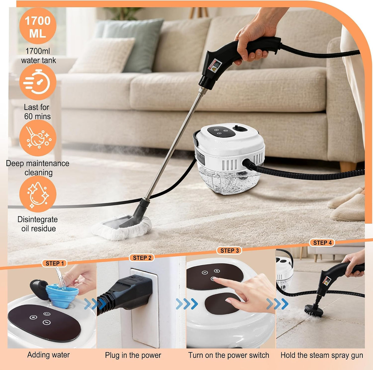 Steam Cleaner Handheld 6 Level Adjustable Steam 1700ML Tank 13s Heat-Up