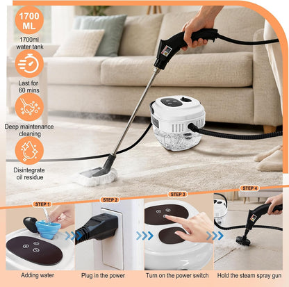 Steam Cleaner Handheld 6 Level Adjustable Steam 1700ML Tank 13s Heat-Up