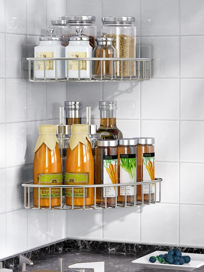 SMARTAKE 2-Pack Corner Shower Caddy, SUS304 Stainless Steel, Wall Mounted Bathroom Shelf with Adhesive, Storage Organizer for Toilet, Dorm and Kitchen (Silver)