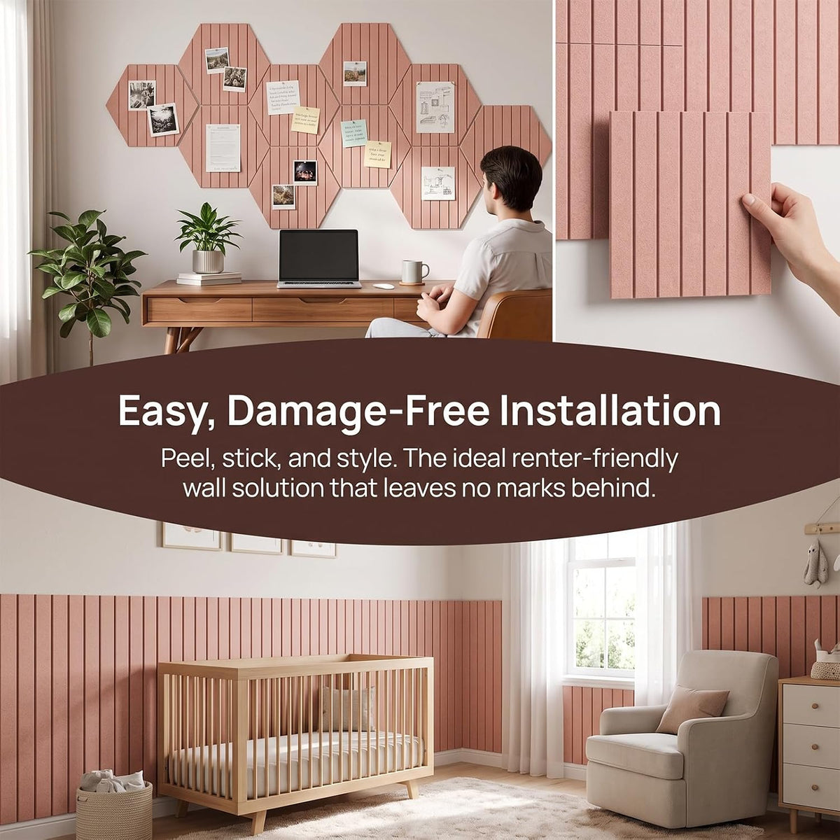 Large Cork Board for Wall 36" X 24"Alternative - 6 Pack Large Felt Bulletin Board with 48 Removable Adhesive Tabs,20 Pushpins,Felt Board for Home Office Wall and School Classroom Décor(Pink)