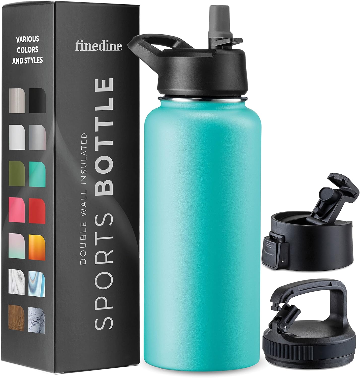 FineDine Water Bottle - Stainless Steel Insulated Water Bottle with Straw Lid, Flip Lid & Wide-Mouth Cap - Keeps Hot and Cold - 25 Oz / 739ml - Pure Pearly White