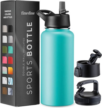 FineDine Water Bottle - Stainless Steel Insulated Water Bottle with Straw Lid, Flip Lid & Wide-Mouth Cap - Keeps Hot and Cold - 25 Oz / 739ml - Pure Pearly White