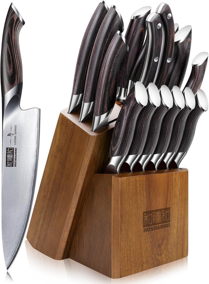 HOSHANHO 16-Piece Knife Set, Japanese High Carbon Stainless Steel Kitchen Knife Set, Ultra Sharp Chef Knife Block Set with Sharpener