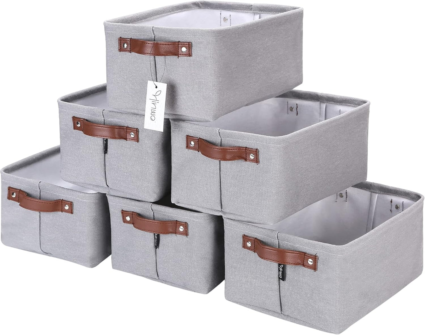 Hinwo 6-Pack Small Canvas Fabric Storage Baskets Set with Handles, Open Storage Bins, Cube Storage Organizer, Shelf Organizer Bins for Closet, 7.9L, 12 x 8 x 5 Inches, Grey Stripe