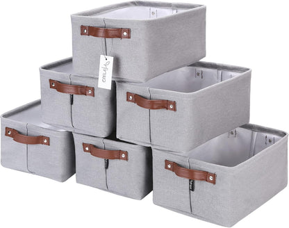 Hinwo 6-Pack Small Canvas Fabric Storage Baskets Set with Handles, Open Storage Bins, Cube Storage Organizer, Shelf Organizer Bins for Closet, 7.9L, 12 x 8 x 5 Inches, Grey Stripe