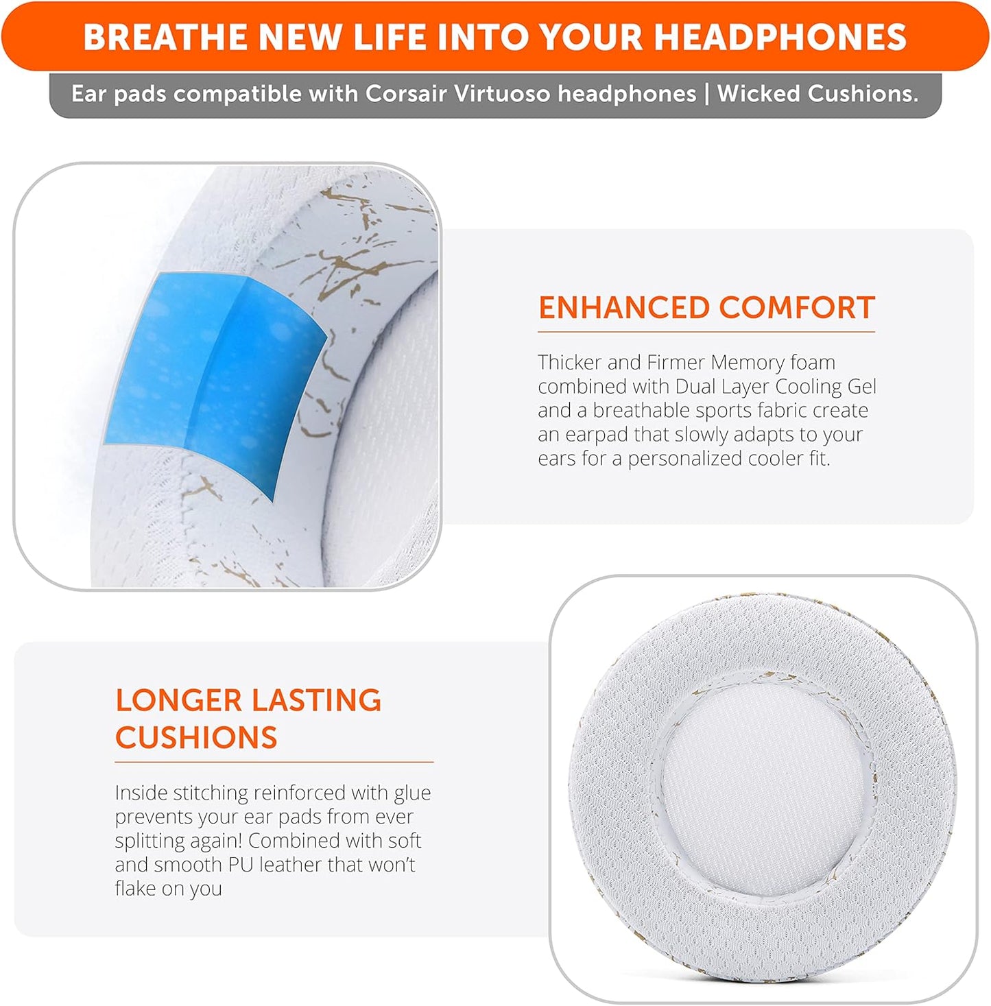 WC Freeze Virtuoso - Hybrid Fabric Cooling Gel Replacement Earpads for Corsair Virtuoso Gaming Headset, Made by Wicked Cushions, Improved Durability, Thickness and Sound Isolation | 90s White