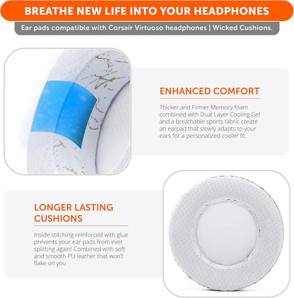 WC Freeze Virtuoso - Hybrid Fabric Cooling Gel Replacement Earpads for Corsair Virtuoso Gaming Headset, Made by Wicked Cushions, Improved Durability, Thickness and Sound Isolation | 90s White