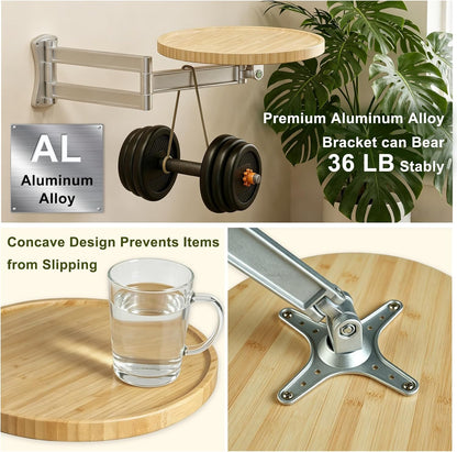 Wall Mounted Folding Table,Small Bamboo Drop Down Floating Wall Desk,11.8" Round Wood Tabletop with Retractable Aluminum Alloy Brackets,Bedside Wall Shelf Drop Top Desk,Fold Down Nightstand