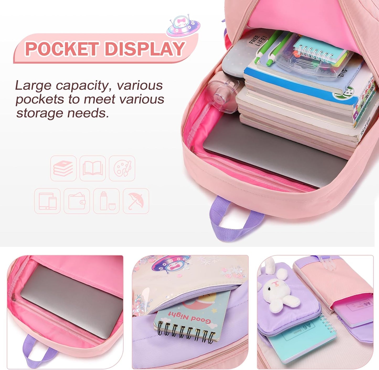 FIXITOK Girls Backpack Set, 3PCS Kids Backpack for Girls, Kawaii Bunny School Backpacks for Girl Kindergarten Elementary Preschool Middle School Bags with Lunch Box Pencil Case Aquamarine