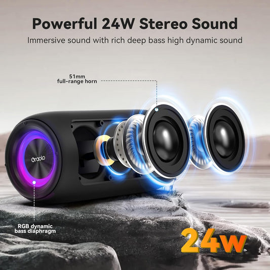 Oraolo Portable Bluetooth Speaker, Wireless Speaker with 24W Loud Stereo Sound, RGB Lights, TWS Pairing, Bluetooth 5.4, Support AUX/TF Card, IPX6 Waterproof Outdoor Speaker for Party Camping Home - PuriLite