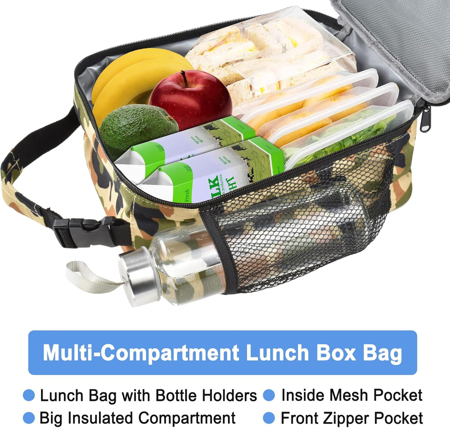 Insulated Lunch Bag, Leakproof Portable Lunch Box for Women Men Boys Girls, Large Capacity Cooler Bag with Handle and Bottle Pocket for Office School Camping Hiking Outdoor Beach Picnic (Black)