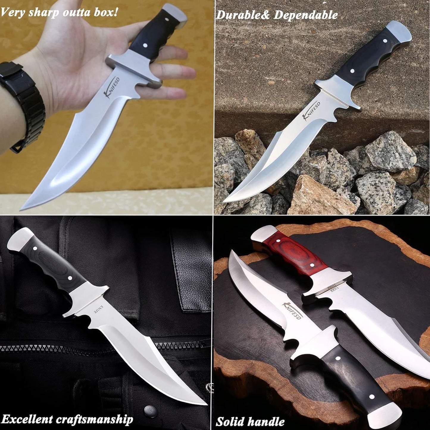 Omesio Fixed Blade Knives with Sheath Hunting Knife Bushcraft Knives Skinning Knife Deer Hunting Knives, Full Tang Big Camping Outdoor (B-Red)