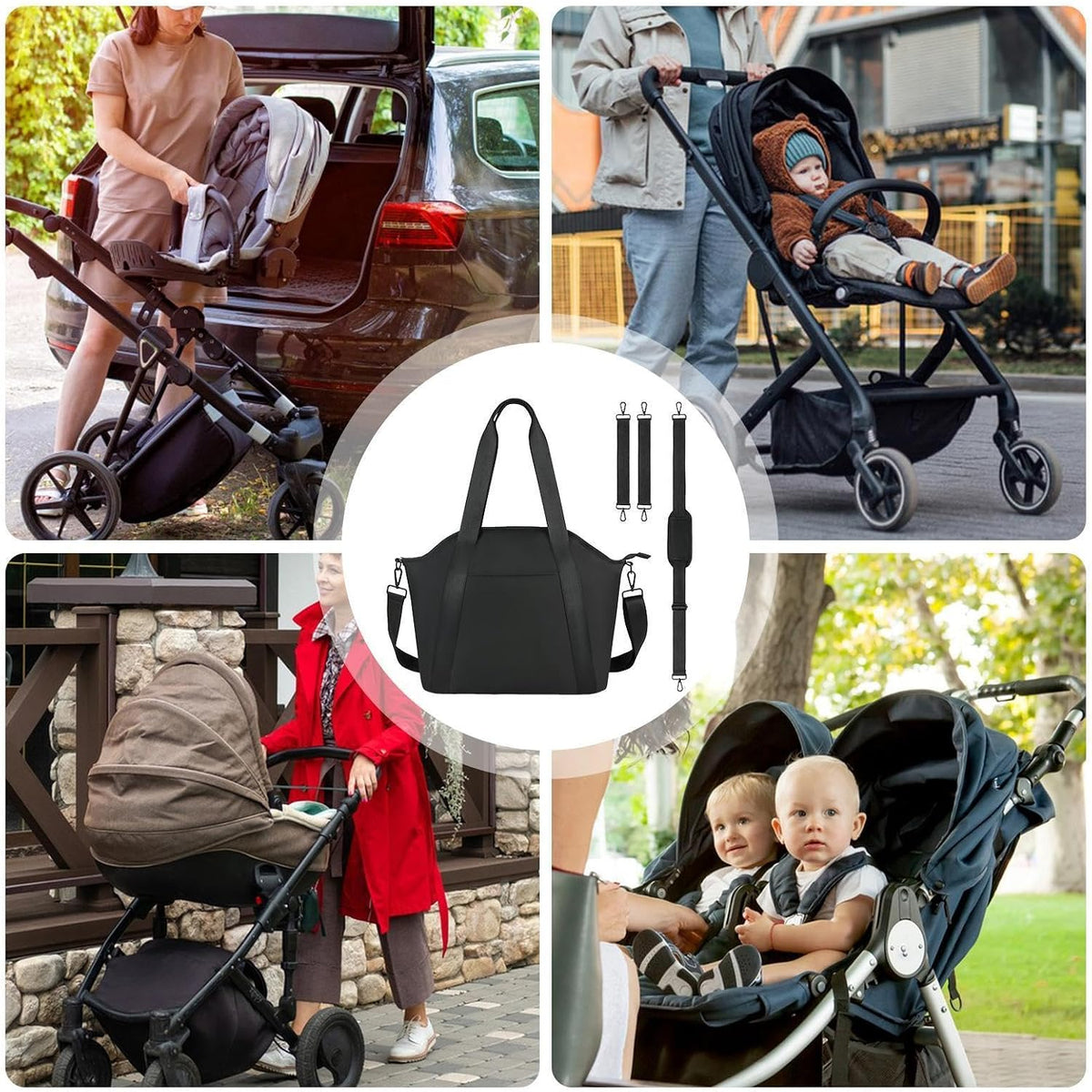 Black Stroller Diaper Bag | Large Capacity Faux Leather Organizer