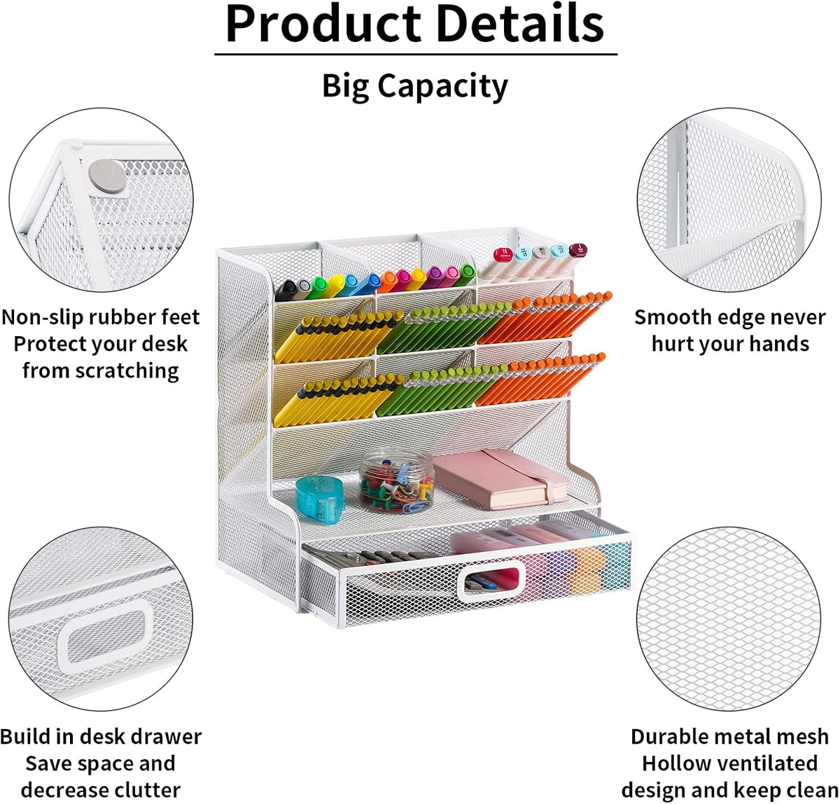 Marbrasse Mesh Desk Organizer, Multi-Functional Pen Holder, Pen Organizer for desk, Desktop Stationary Organizer, Storage Rack for School Home Office Art Supplies (White Mesh Pen Holder with Drawer)