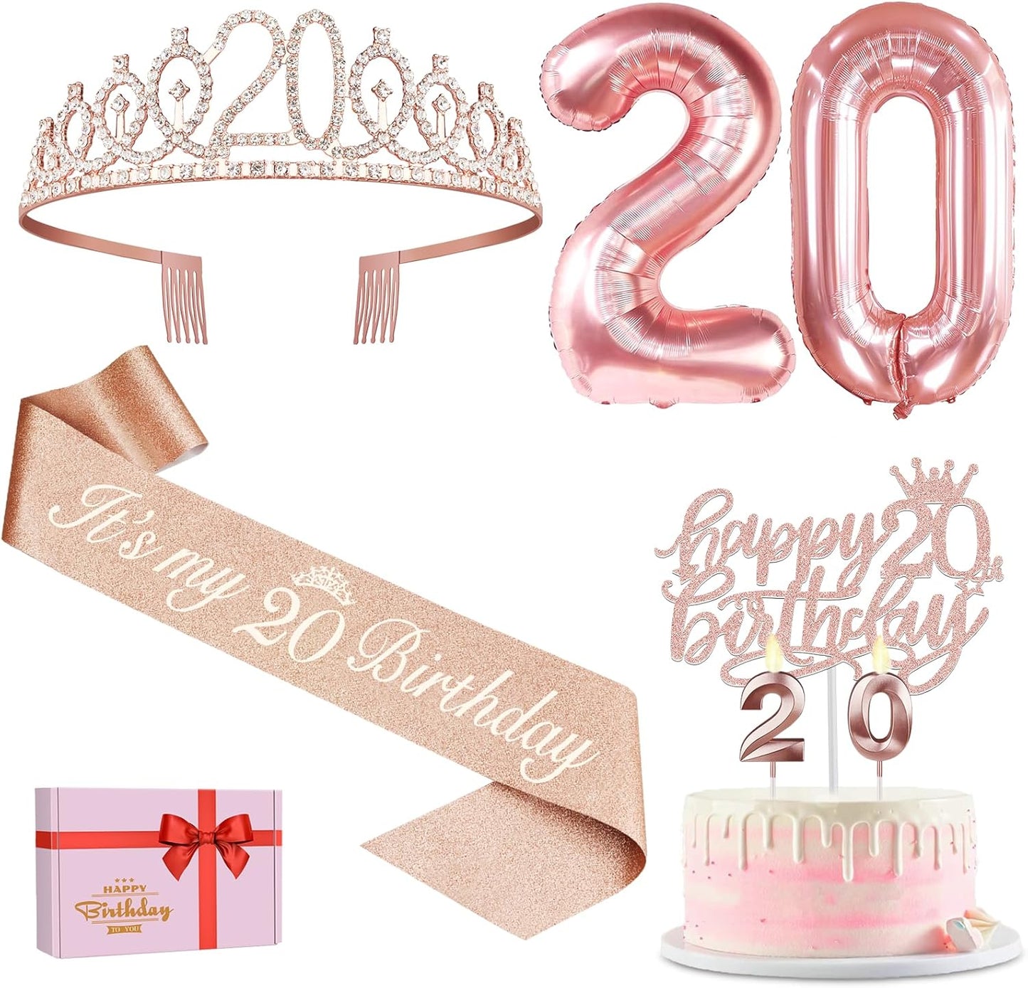65th Birthday Decorations for Women, Including 65th Birthday Sash and Crown, Cake Topper and Candles, Number Balloons Rose Gold, 65 Year Old Gifts for Women