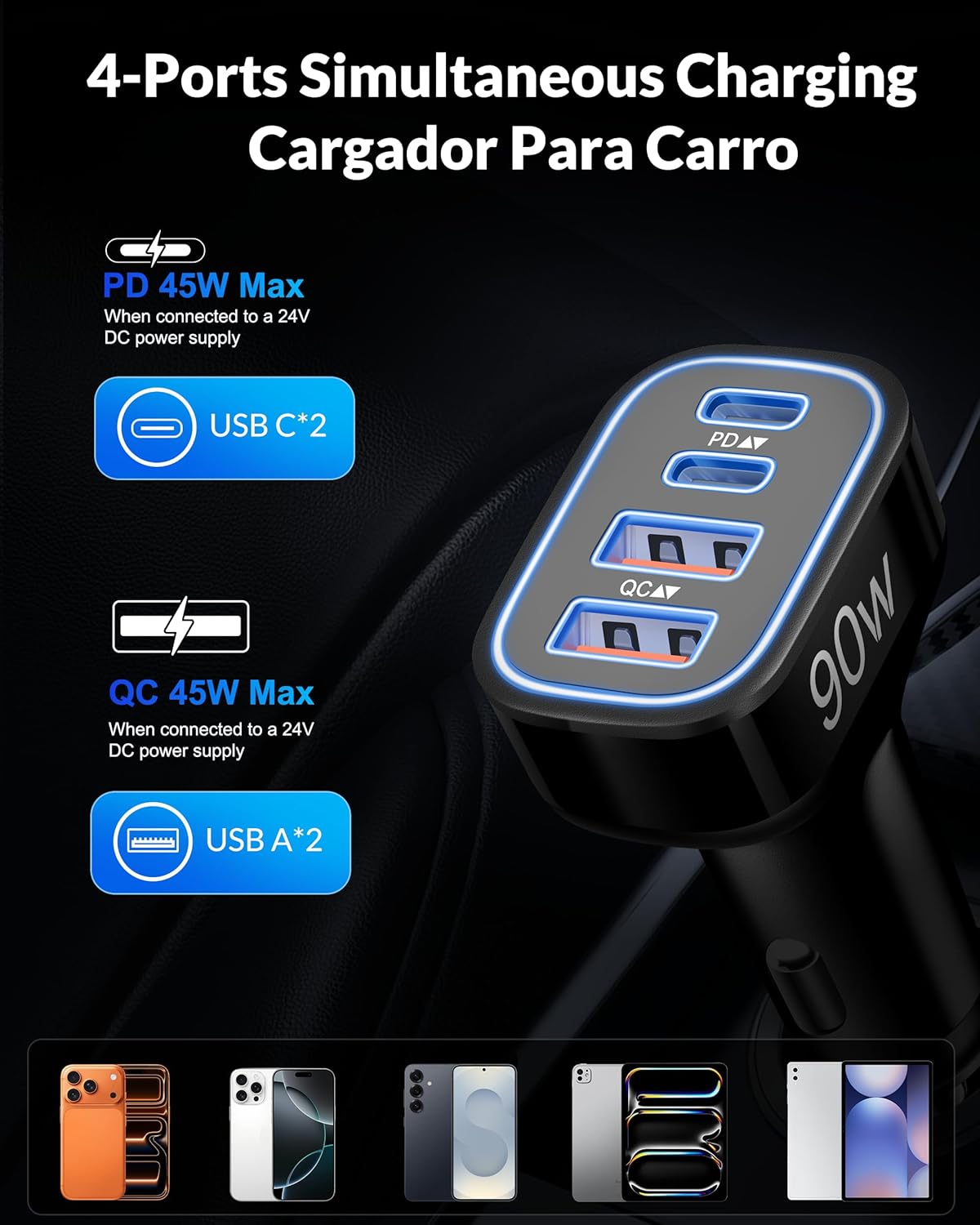 USB C Car Charger, 4-Port 90W Super Fast Car Phone Charger Accessories Dual 45W USB-C & USB-A Cargador Carro Adapter Cigarette Lighter for iPhone 17 16 15 14 13 12 11, Galaxy S25 S24, Tablet, Android