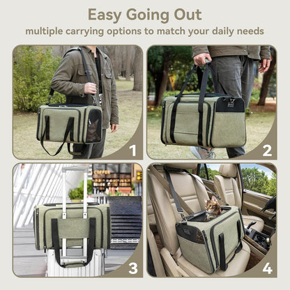 Petsfit Expandable Cat Dog Carrier Airline Approved, 17" L x 11" W x 11" H Soft-Sided Portable Pet Travel Carrier for Kitten, Puppy, Removable Soft Plush Mat and Pockets, Auto-Locking Zippers