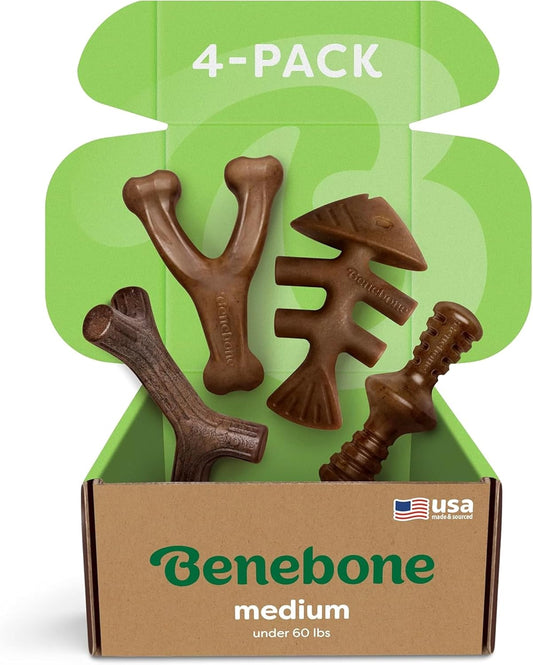 Benebone 4-Pack Durable Dog Chew Toys for Aggressive Chewers, Real Flavors, Made in USA, Medium