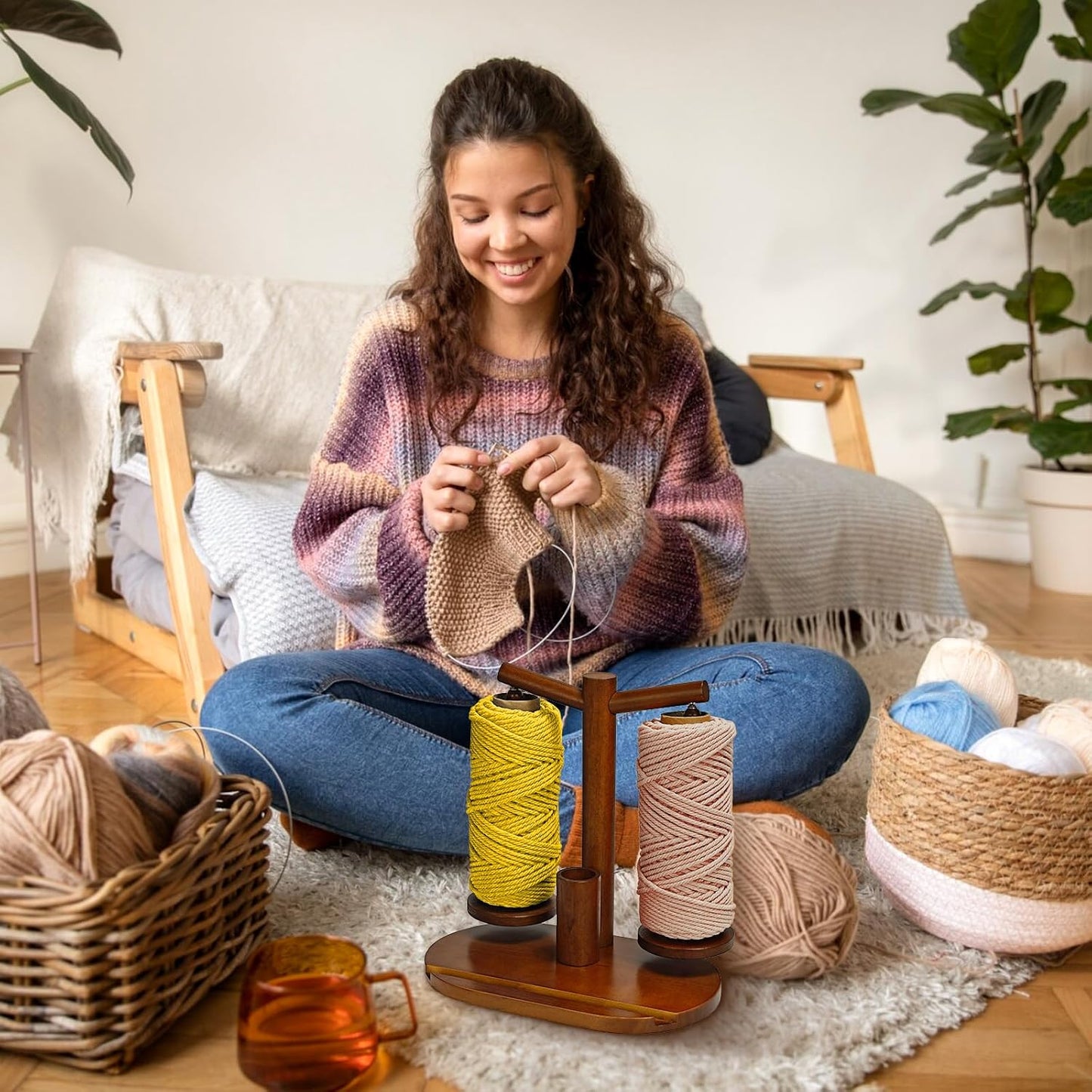 Wooden Yarn Holder for Crocheting and Knitting (Brown) | Upgraded Magnetic Rotating Spinner with 2 Spindles, Ideal Gift for Craft Enthusiasts