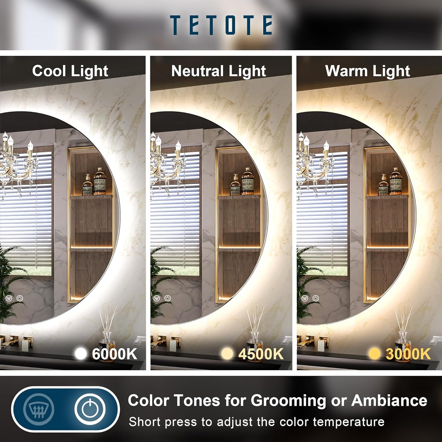 TETOTE 28 Inch Round LED Bathroom Vanity Mirror, Anti-Fog Dimmable Lights IP54 Waterproof Circle Makeup Wall Mounted Mirror