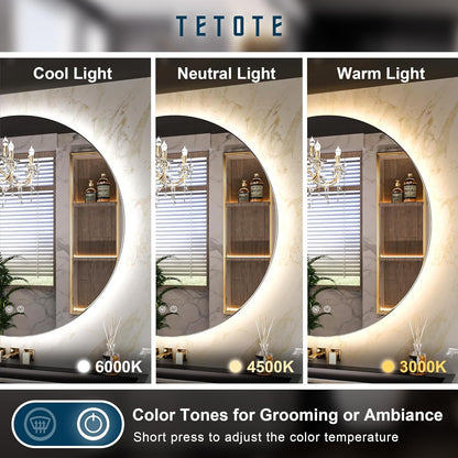 TETOTE 28 Inch Round LED Bathroom Vanity Mirror, Anti-Fog Dimmable Lights IP54 Waterproof Circle Makeup Wall Mounted Mirror