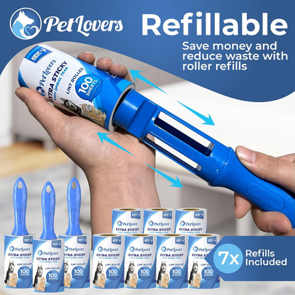 PetLovers Extra Sticky Lint Roller Mega Value Set for Pet Hair Removal, Dog and Cat Lint Remover (1 Pack Reusable)