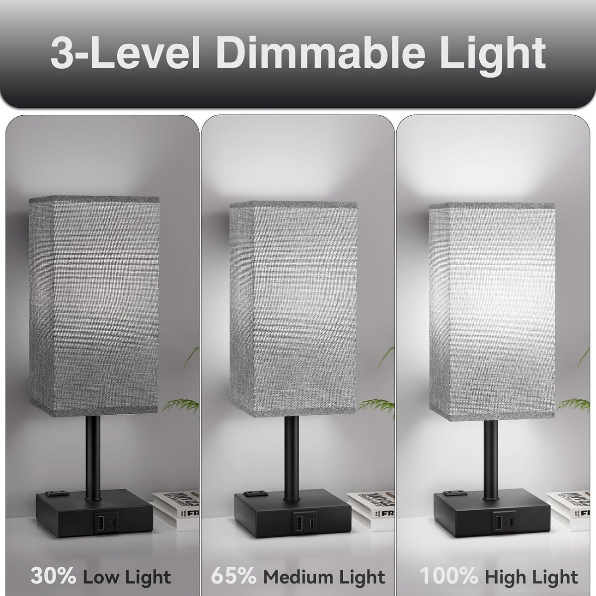 Fenmzee Bedside Table Lamp - Grey Touch Bedroom Lamp with 3 Way Dimmable