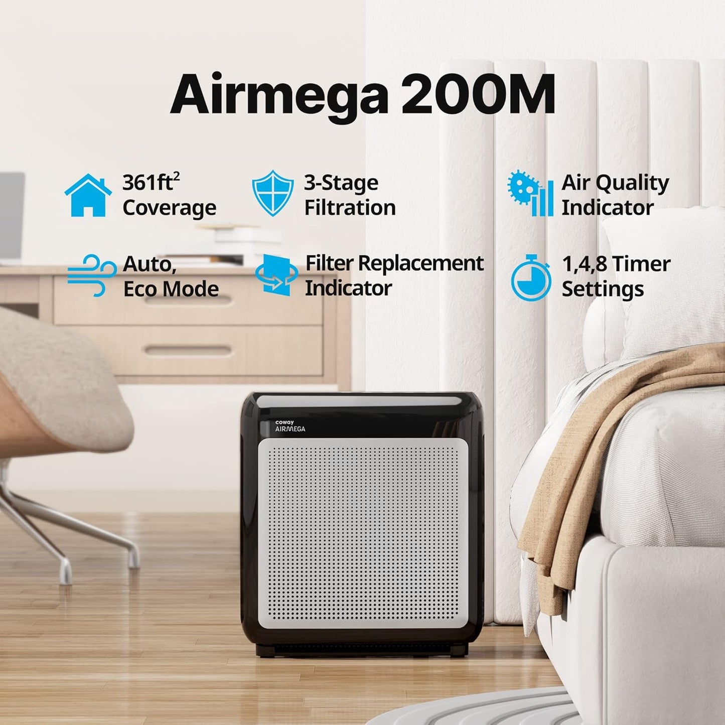 Coway Airmega AP-1512HH True HEPA Air Purifier with Air Quality Monitoring, Auto Mode, Timer, Filter Indicator, Eco Mode