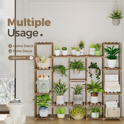 Bamworld Plant Stand Indoor Outdoor Hanging Plant Shelf for Multiple Plants Pots Wood Flower Stand Tall Large Flower Holder for Living Room, Patio, Balcony, Garden Decor, Brown