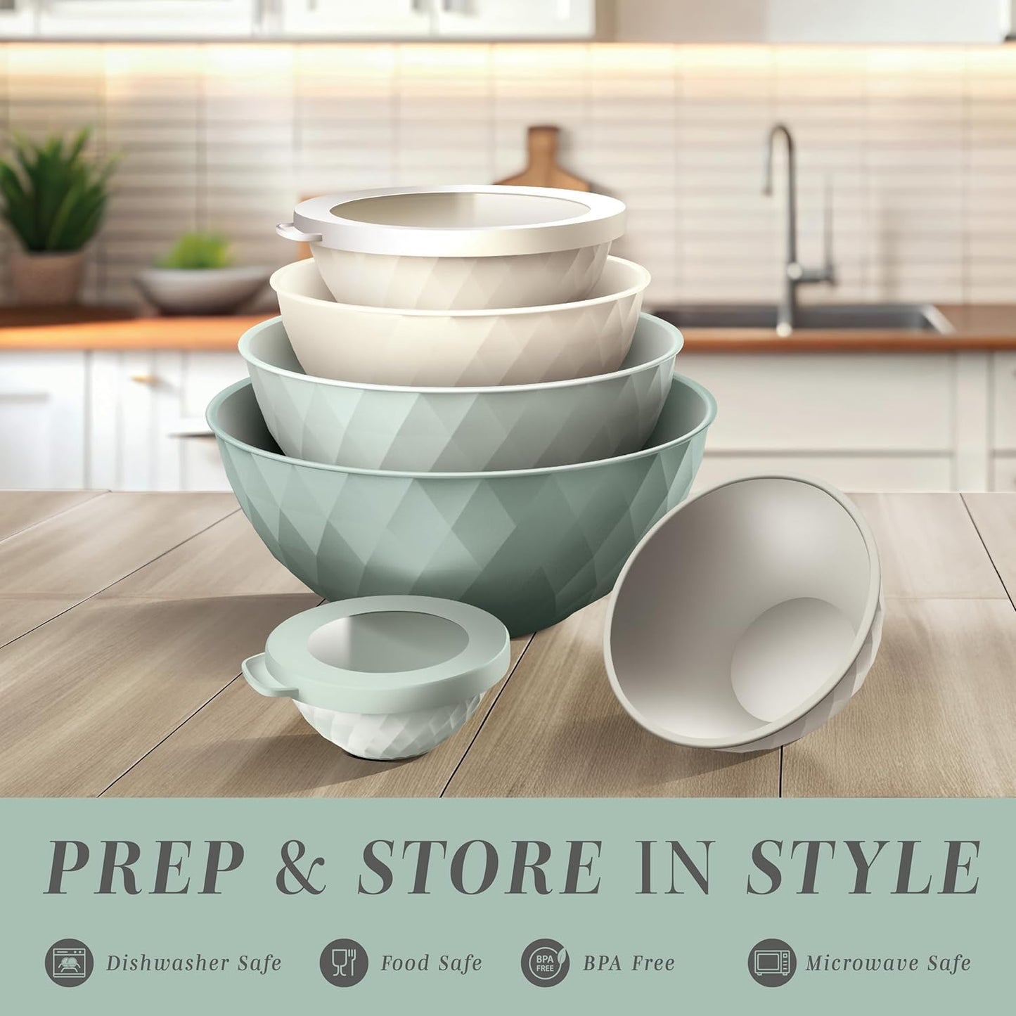 COOK WITH COLOR Mixing Bowls with TPR Lids - 12 Piece Plastic Nesting Bowls Set Includes 6 Prep Bowls and 6 Lids, Microwave Safe Mixing Bowl Set (Mint)