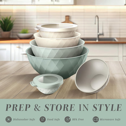 COOK WITH COLOR Mixing Bowls with TPR Lids - 12 Piece Plastic Nesting Bowls Set Includes 6 Prep Bowls and 6 Lids, Microwave Safe Mixing Bowl Set (Mint)