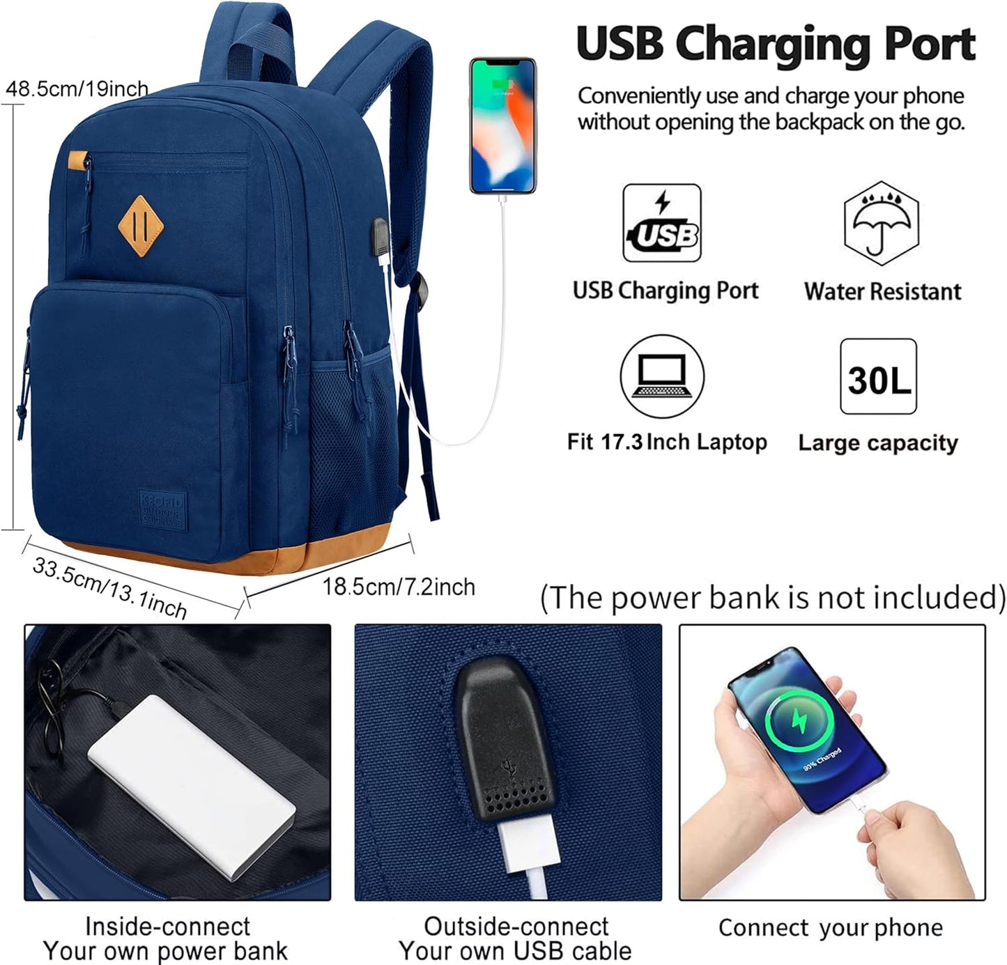 KEOFID classic carry-on travel backpack for men and women, Anti theft laptop backpack with USB charging port, large backpack for college(dark black）