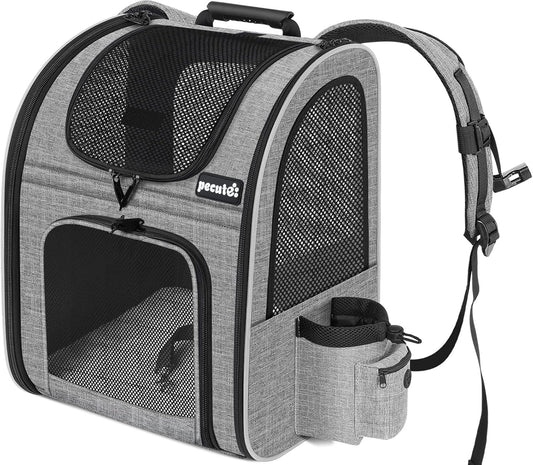 Pecute Cat Backpack with Breathable Mesh, Dog Backpack Carrier with Multi-Pockets for Cats Puppies, Pet Backpack Carrier for Travel Hiking Camping Outdoor （Gray）