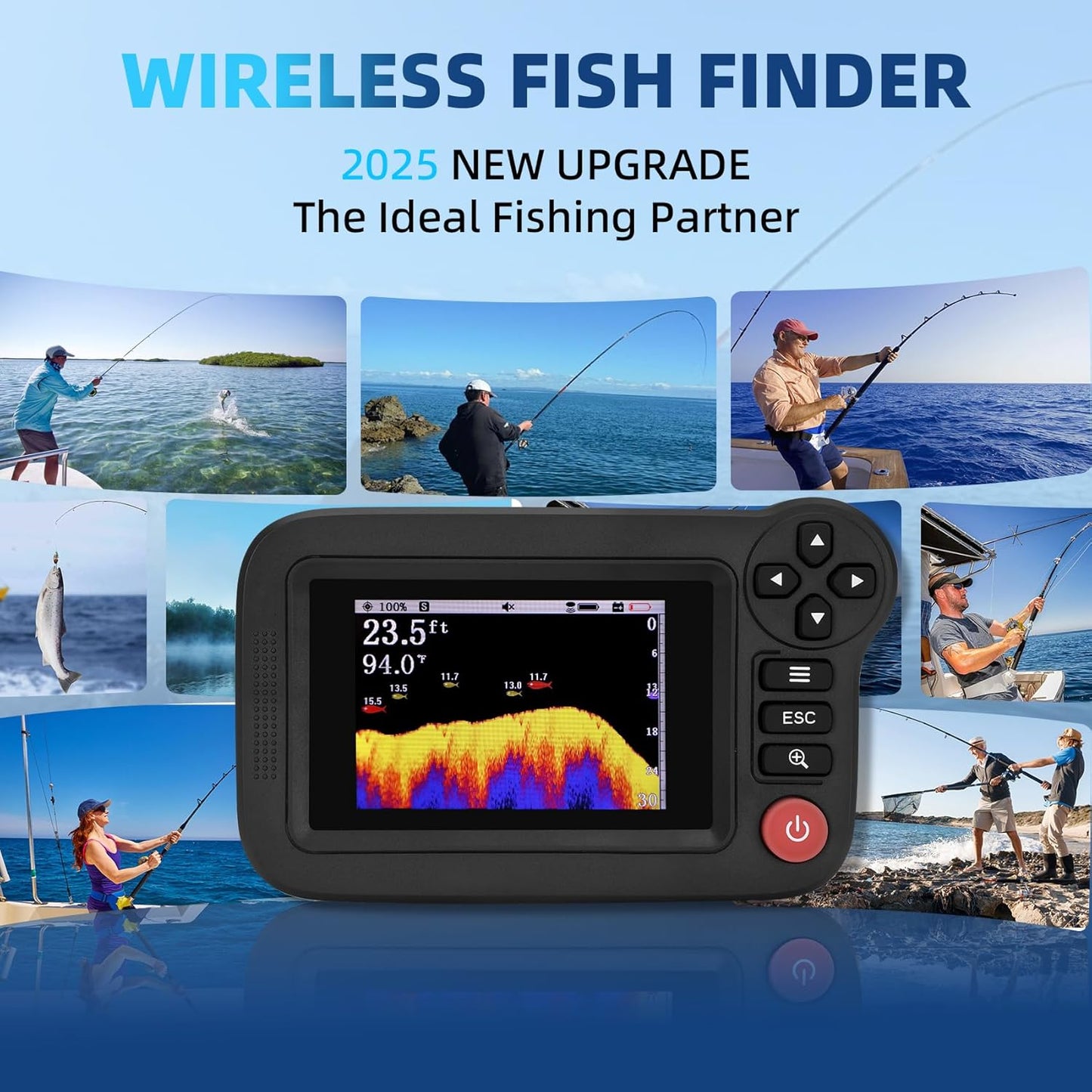 Portable Sonar Fish Finder, Rechargeable Castable Wireless Fish Finders, Kayak Fishfinder with 105° Beam Angle and TFT LCD Display, 2.6-164 FT of Boat Depth Finder for Shore, Sea ＆ Ice Fishing