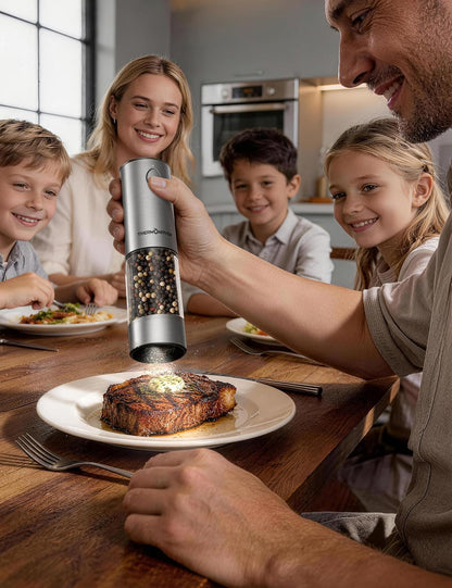 ThermoMaven Electric Salt and Pepper Grinder Set, 110ml Larger Rechargeable Automatic Salt and Pepper Mill Grinder with 6 Adjustable Coarseness, Electric Salt and Pepper Shakers, LED, 2 Packs, Silver